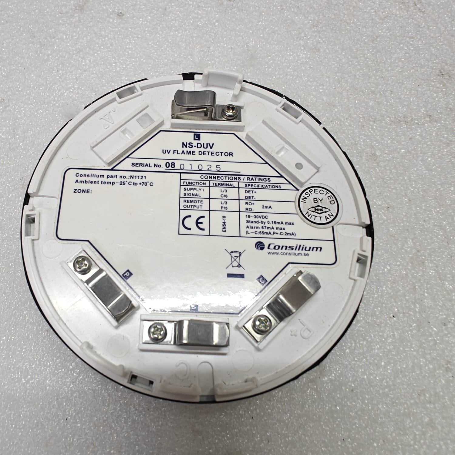 CONSILIUM NS-DUV UV FLAME DETECTOR N1121 with visible branding and specifications on a gray background