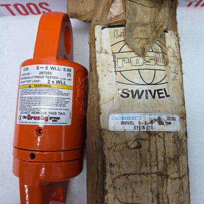 CROSBY SWIVEL 5-S-5 5.TON PAT NO-4669907 TACKLE BLOCK AND SHEAVE ASSEMBLY Orange tool with a label on a white background