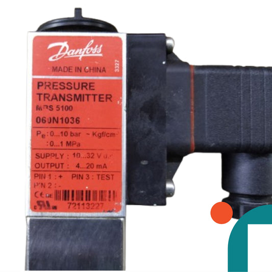 Danfoss pressure transmitter with a red label on a white background