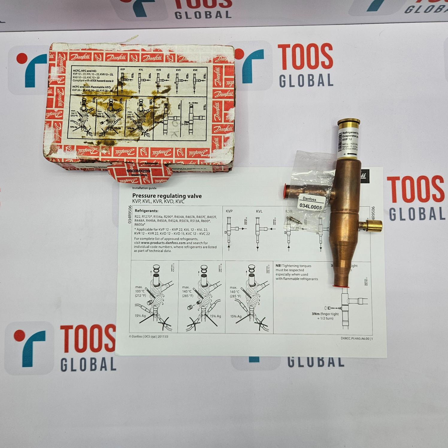 Pressure regulating valve with packaging and instructions on a TOOS Global branded background