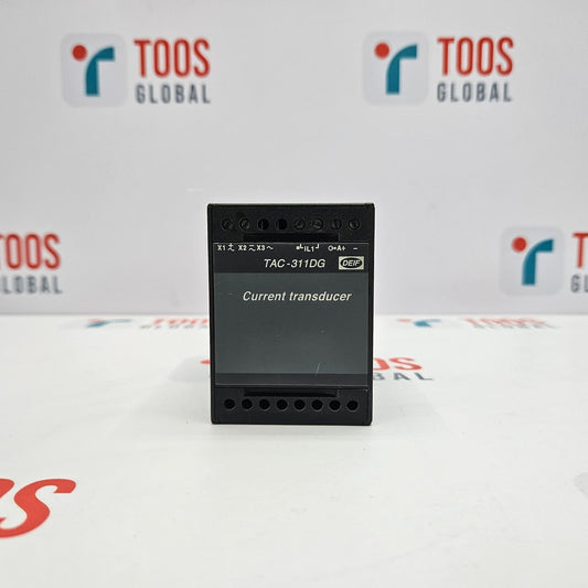 A DEIF TAC-311DG current transducer with a black casing, several connection ports, and branding on the front.