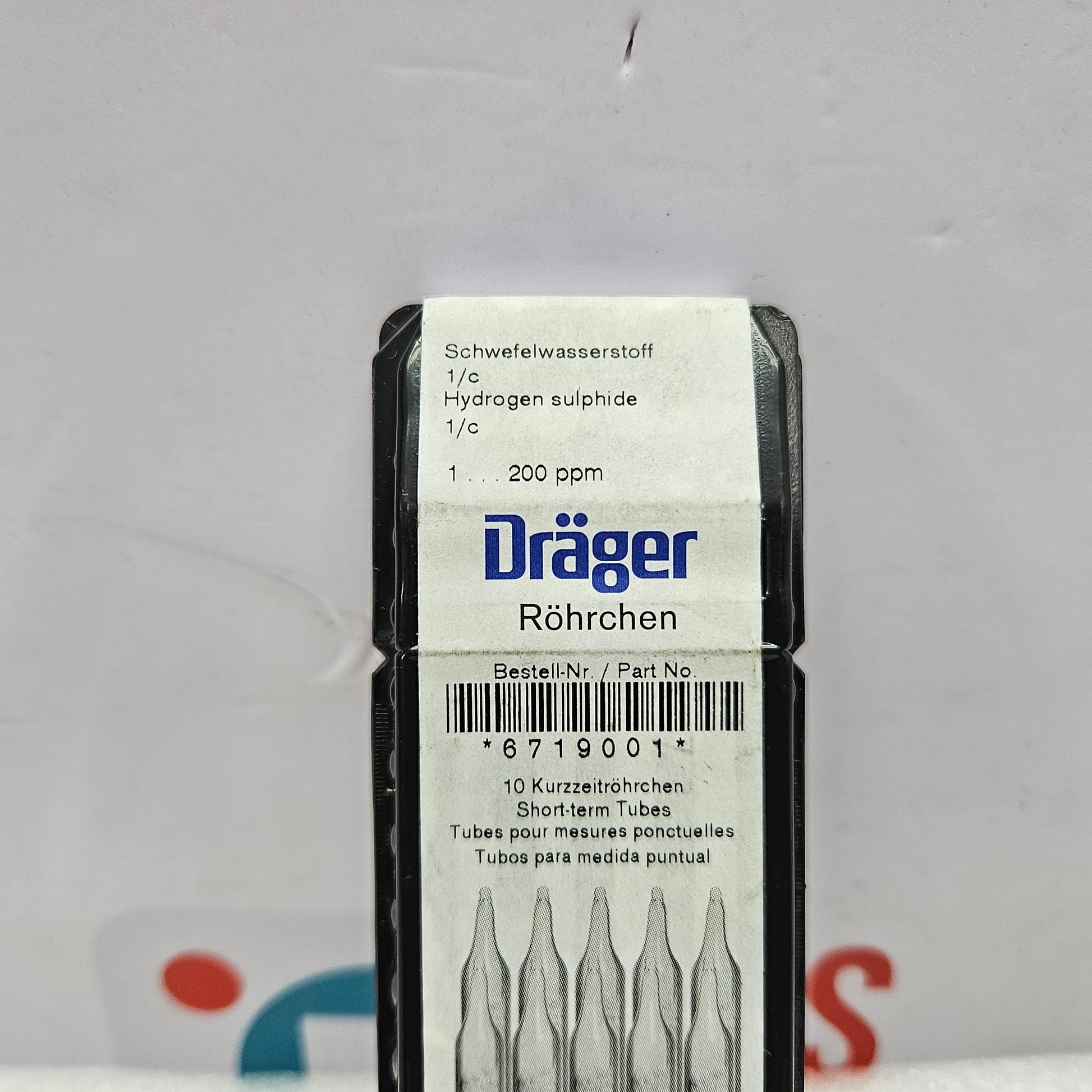 Drager 6719001 Hydrogen Sulphide 1/c Gas Detection Tube 1 To 200 ppm for hydrogen sulfide detection on a gray background