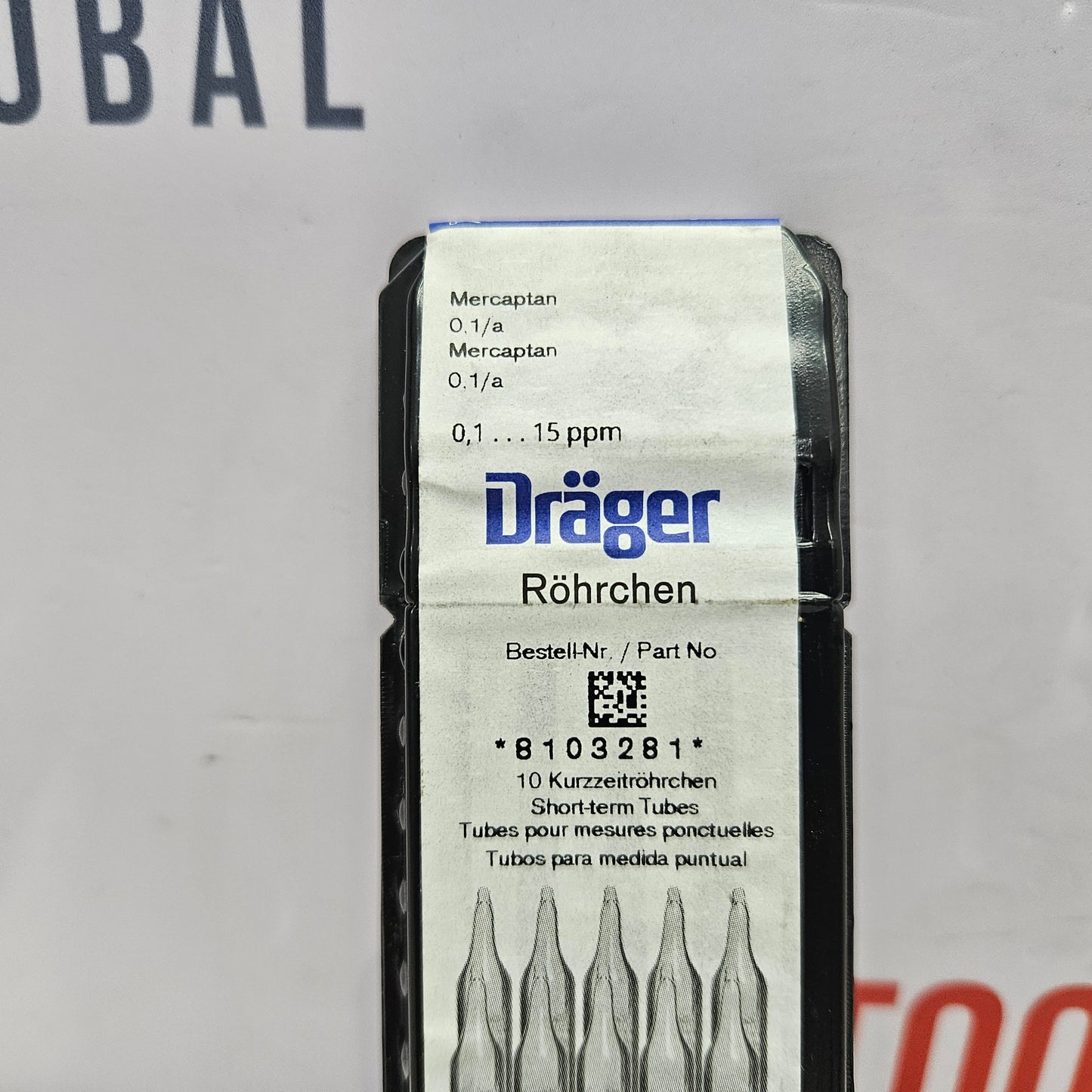 Drager 8103281 Mercaptan 0.1a Gas Detection Tube 0.1 To 15 ppm with label on a gray background