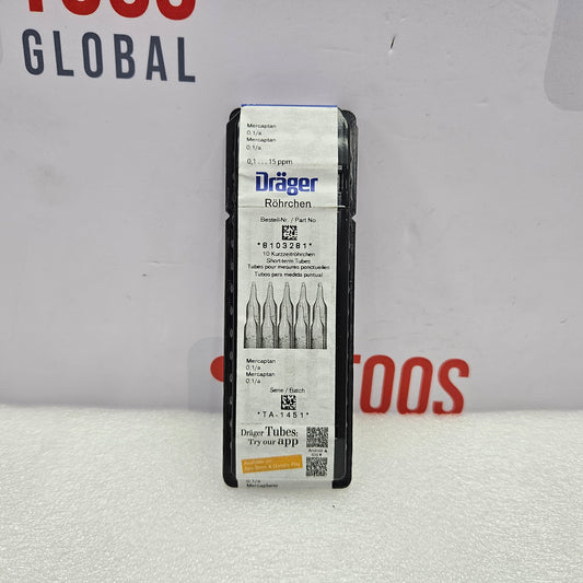 Drager 8103281 Mercaptan 0.1a Gas Detection Tube 0.1 To 15 ppm on a gray background with visible branding.
