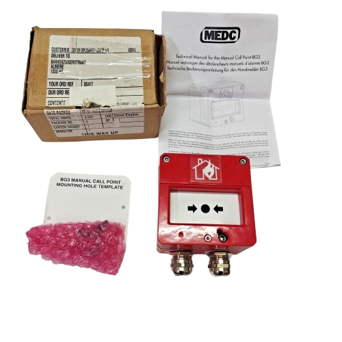 MEDC EATON BG3 MANUAL CALL POINT RANGE BG3I with mounting template and packaging on a white background