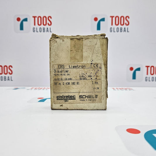 ENTRELEC SCHIELE on delay timer packaging with visible branding and model number, located in a warehouse setting with 'TOOS GLOBAL' branding in the background.