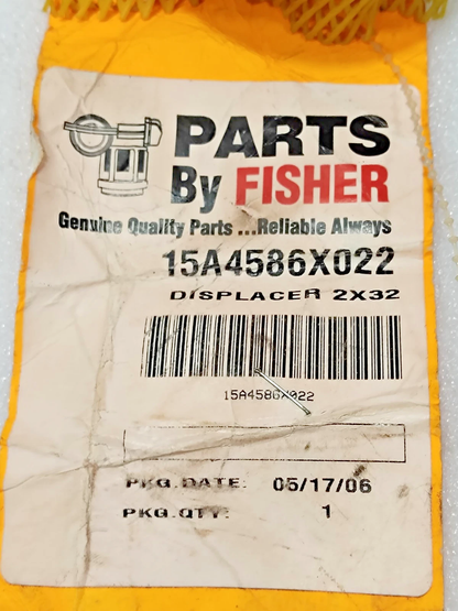 Fisher parts packaging with label and barcode on a yellow background