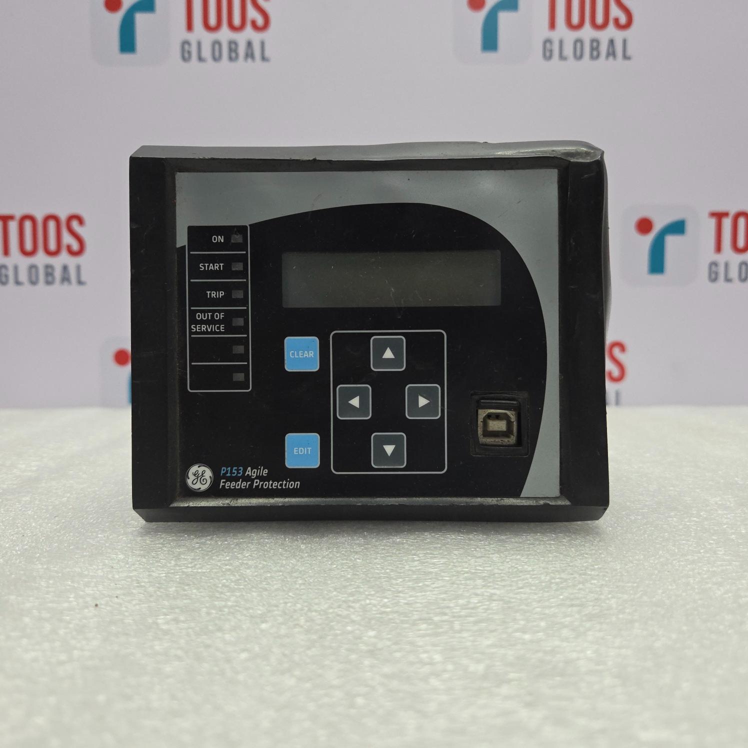 GE P153 AGILE FEEDER PROTECTION P153211A1A1010A with buttons and display on a white background with 'TOOS GLOBAL' branding.
