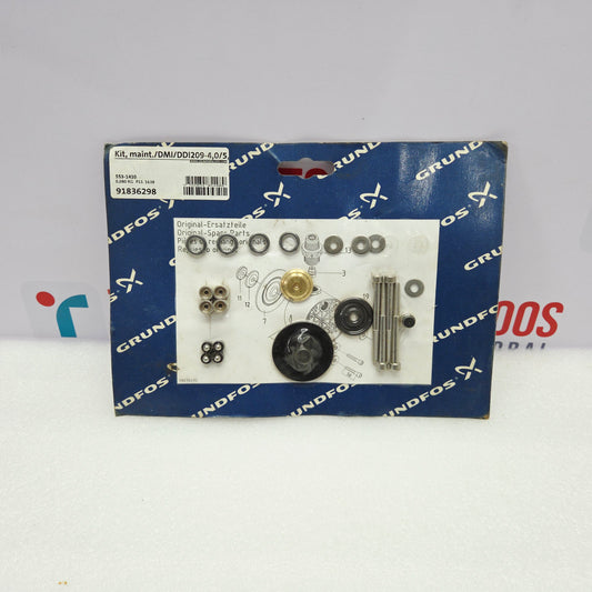 Set of mechanical parts on a Grundfos branded box with a white background