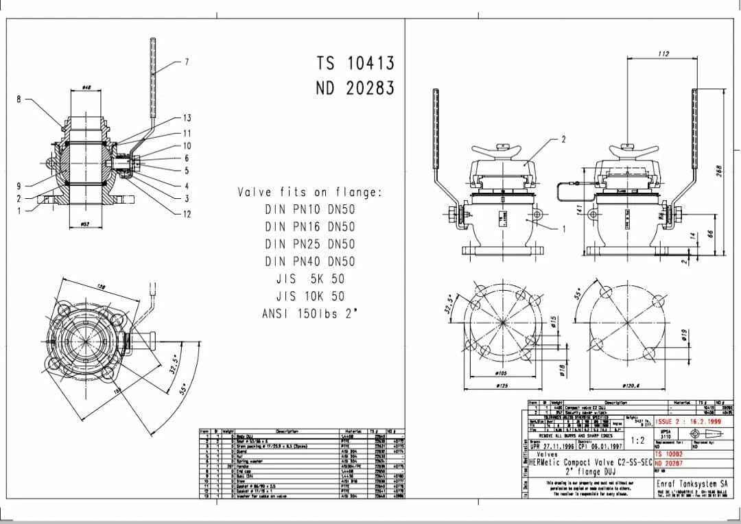 Technical drawing of HERMETIC COMPACT VALVE C2SS WITH 2 INCH COVER a valve with dimensions and specifications on a white background
