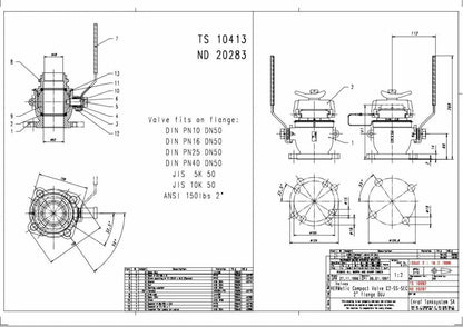 Technical drawing of HERMETIC COMPACT VALVE C2SS WITH 2 INCH COVER a valve with dimensions and specifications on a white background