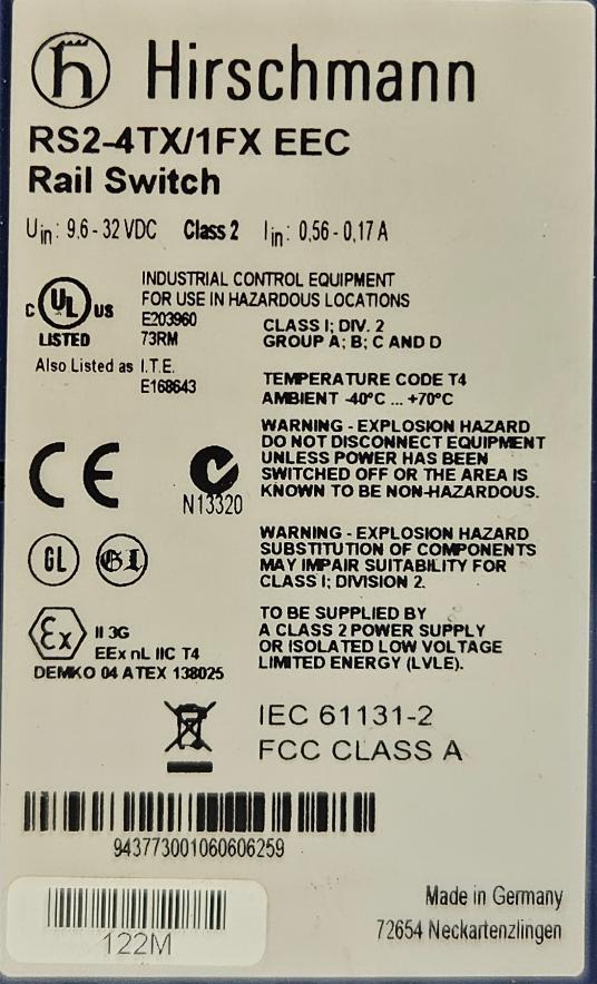 HIRSCHMANN RS2-4TX/1FX EEC RAIL SWITCH