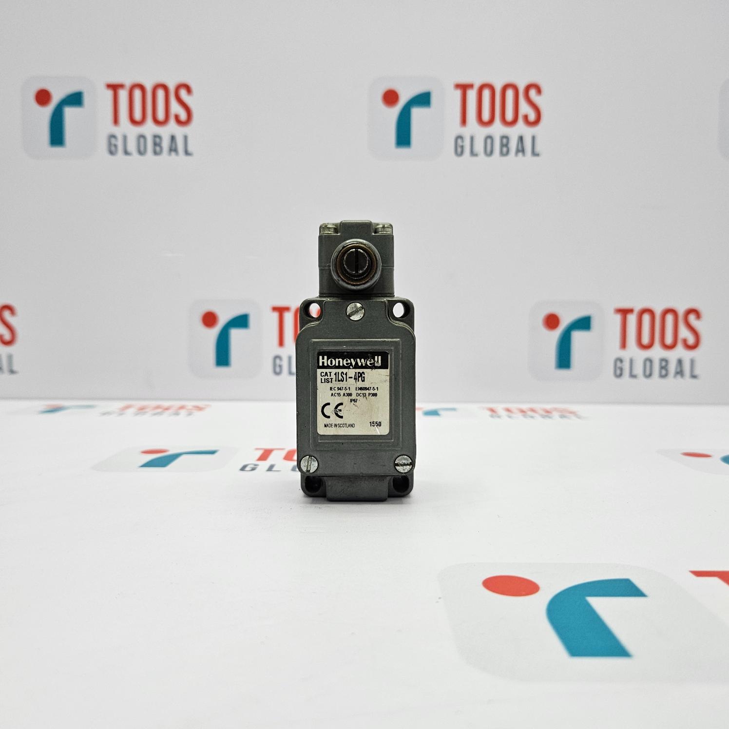 HONEYWELL 1LS1-4PG Roller Lever Limit Switch positioned against a white background with the HONEYWELL logo visible.