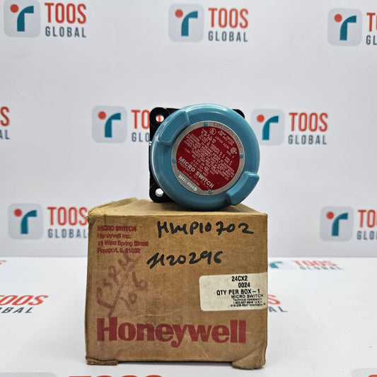 Honeywell 24cx2 Explosion Proof Microswitch Honeywell micro switch on a cardboard box with TOOS Global branding in the background.