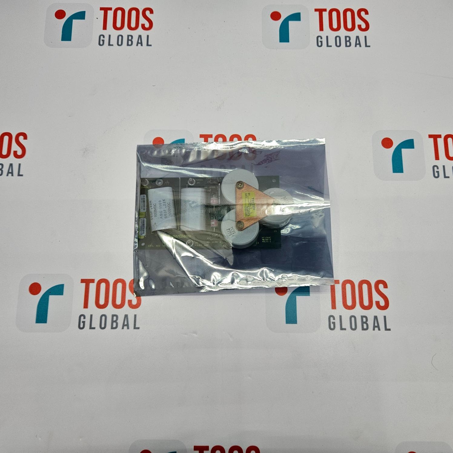 A Hypertherm 041817 00J PCB (printed circuit board) packaged in a clear plastic bag, with the Hypertherm logo visible in the background.