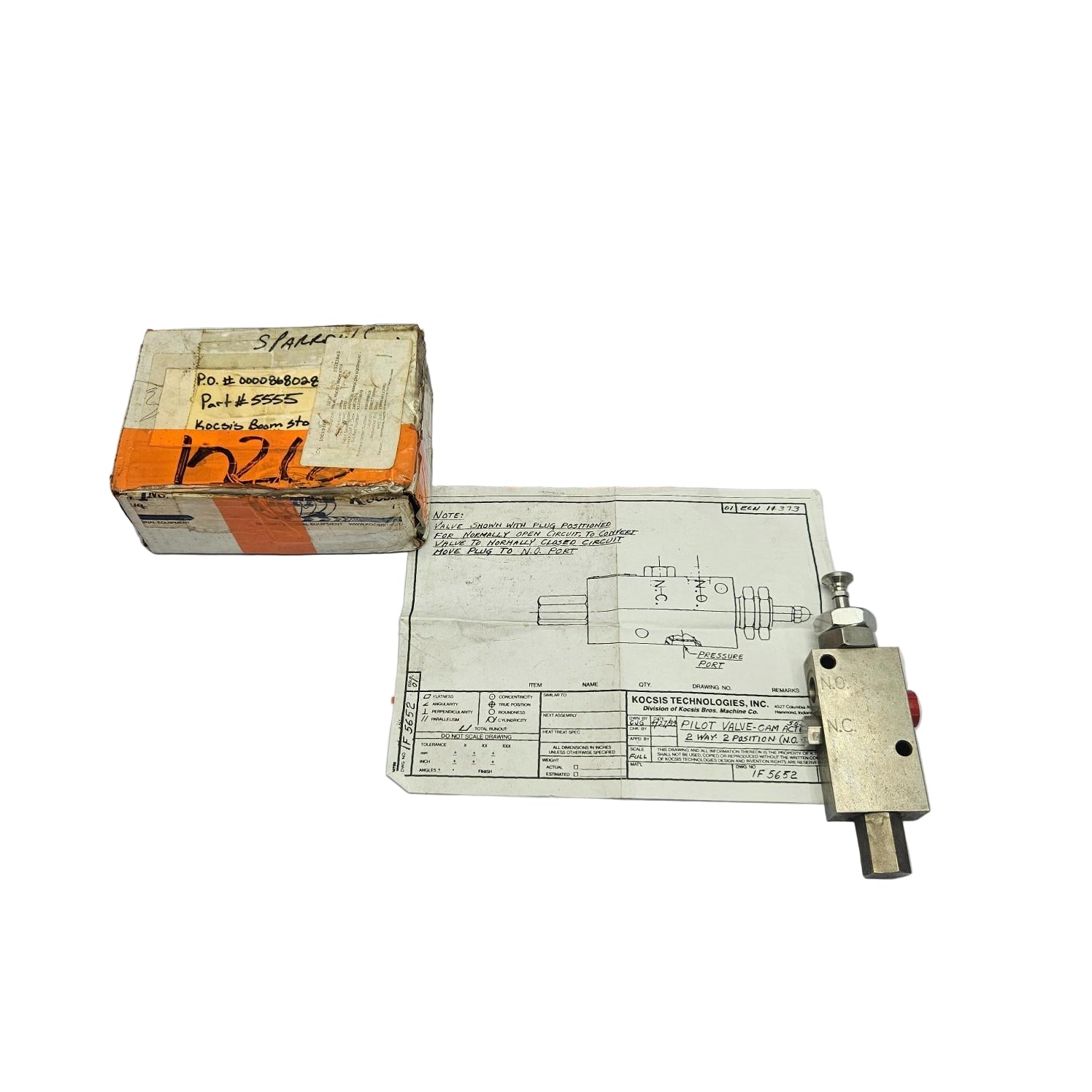 Kocsis 5555 (860009) Cam Actuated Pilot Valve 2 Way New with technical drawing on a TOOS Global branded background