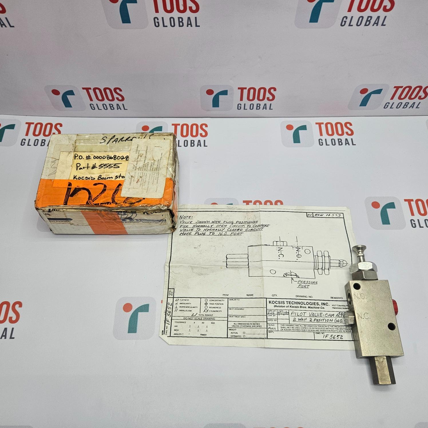 Kocsis 5555 (860009) Cam Actuated Pilot Valve 2 Way with technical drawing and TOOS Global branding in the background