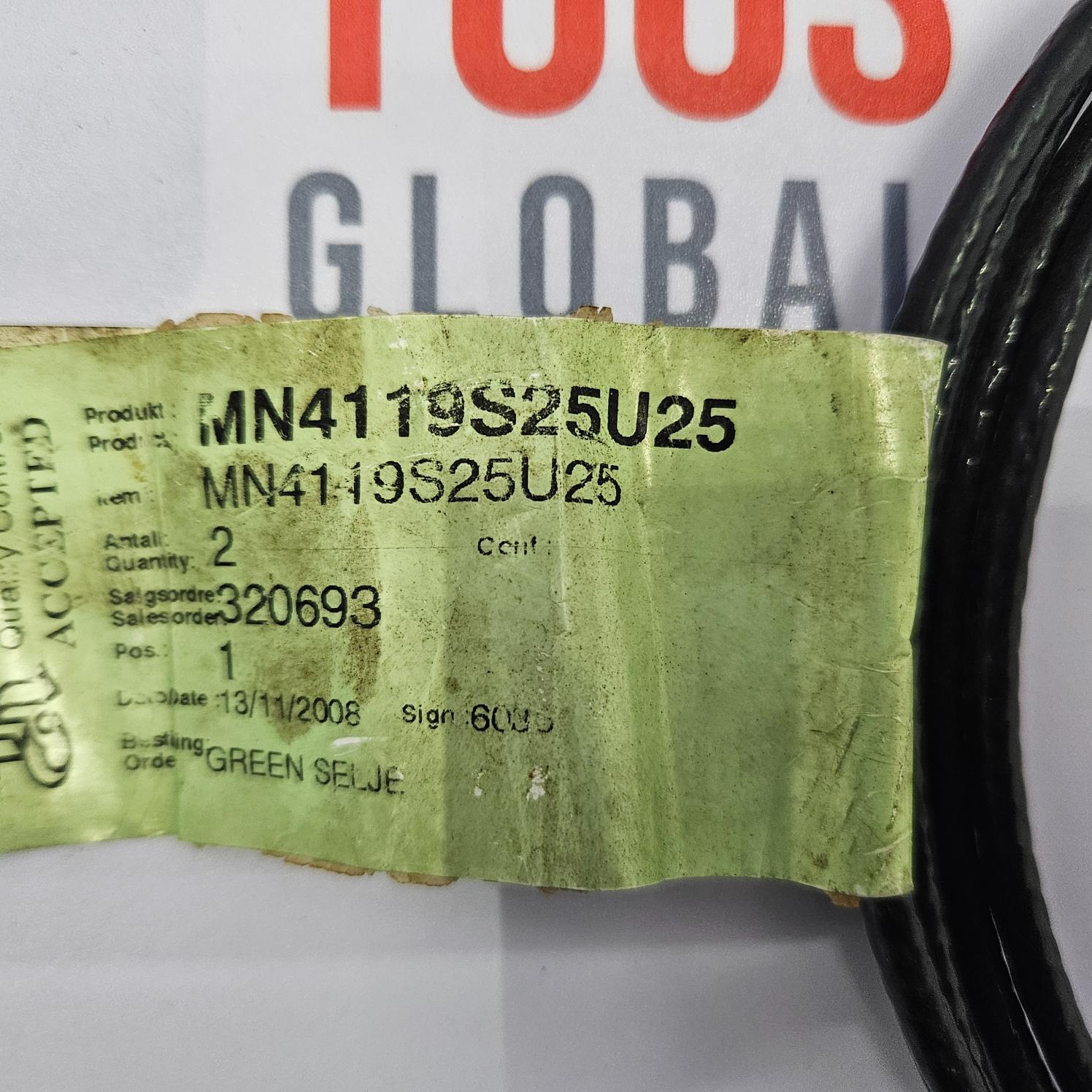 Green label with text and a black cable on a white background
