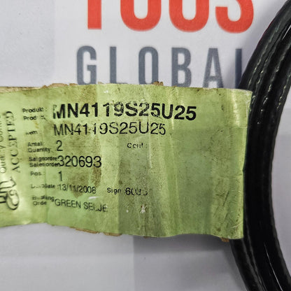 Green label with text and a black cable on a white background