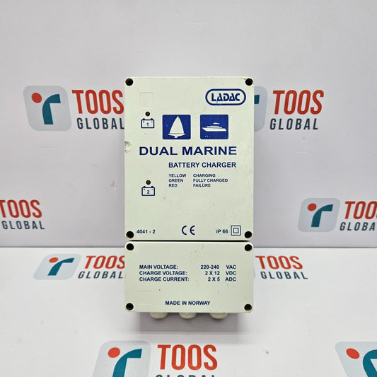 Dual Marine battery charger with LADAC branding on a TOOS GLOBAL branded background