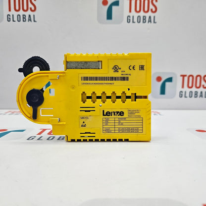 Yellow industrial component with 'Lenze' branding on a white background with 'TOOS GLOBAL' logos.