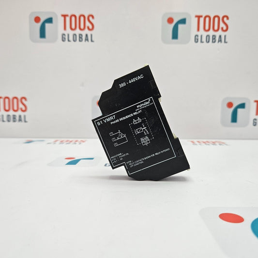 MINILEC S1 VMR7 PHASE SEQUENCE RELAY Black electronic relay on a white surface with 'TOOS GLOBAL' branding in the background.
