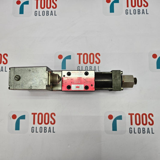 A MOOG hydraulic servo valve with model number D635-606B FRAMO P/N A11592 visible on the body.