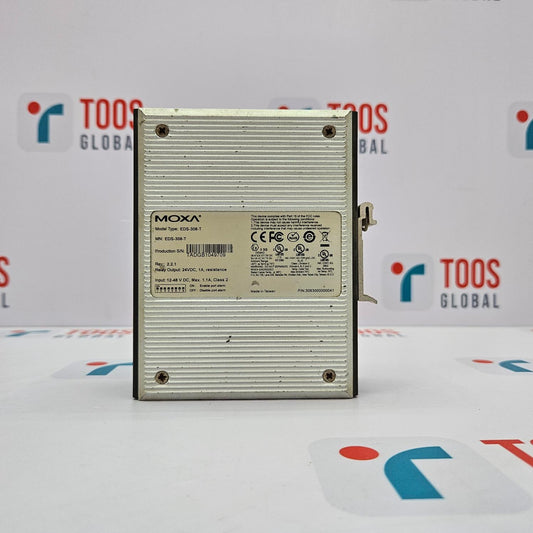 A MOXA EDS-308-T 8-PORT UNMANAGED ETHERNET SWITCH placed on a table with a TOOS GLOBAL background.