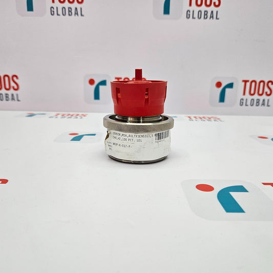MSA combustible gas sensor with a red top, silver body, and black detailing, displayed on a white surface with the MSA logo in the background.