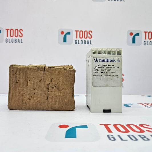 Multitek voltage relay next to a cardboard box on a white surface with 'TOOS GLOBAL' branding.