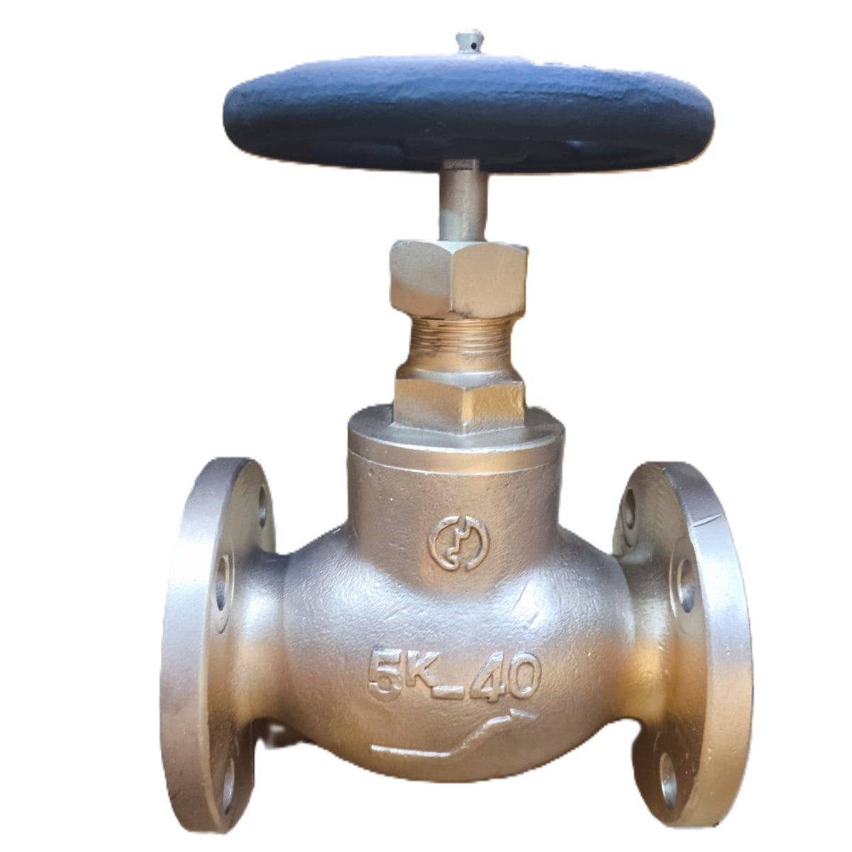 Bronze valve with a blue handle on a white background