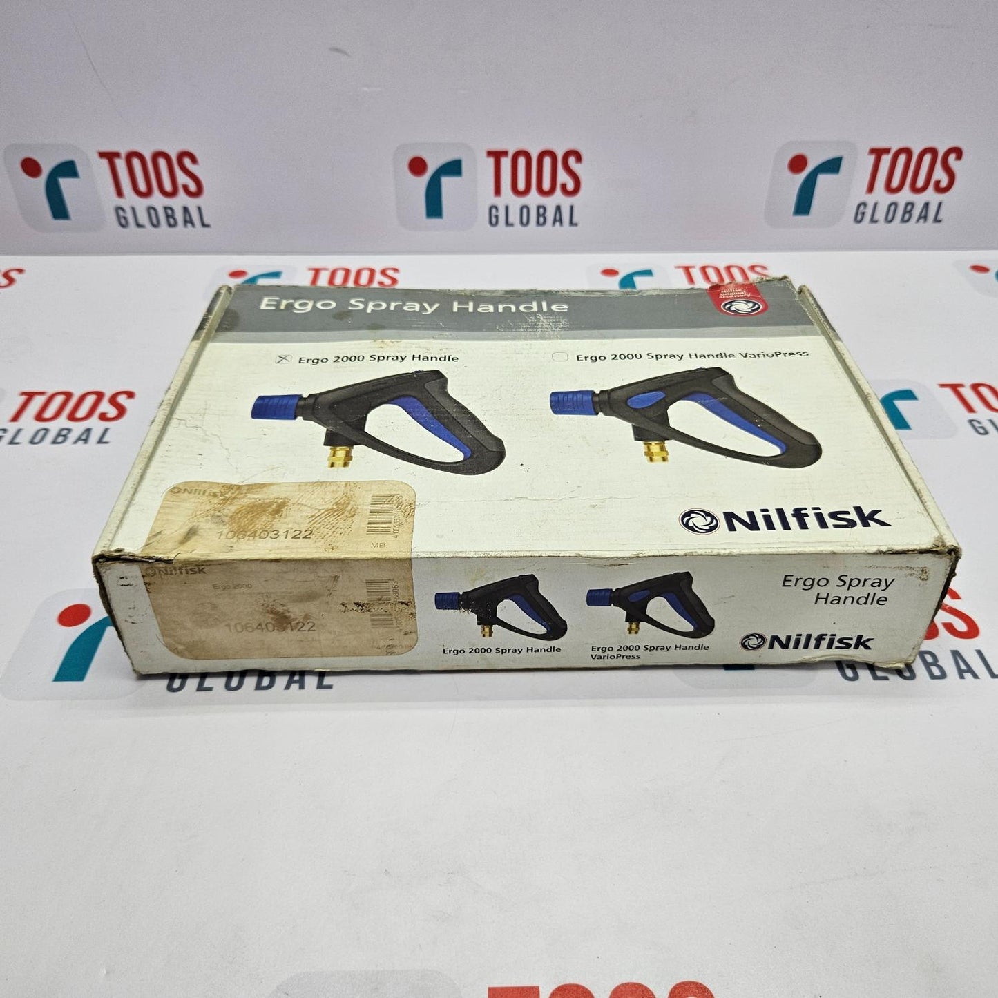 Box of Ergo Spray Handles with branding on a white background