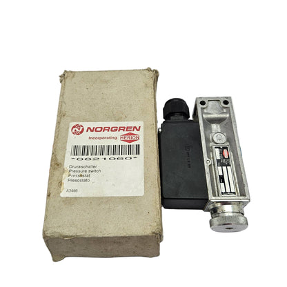 NORGREN HERION 0821060 ELECTRO MECHANICAL PRESSURE SWITCH 10...160BAR 250V 6A with packaging on a white background featuring TOOS Global branding.