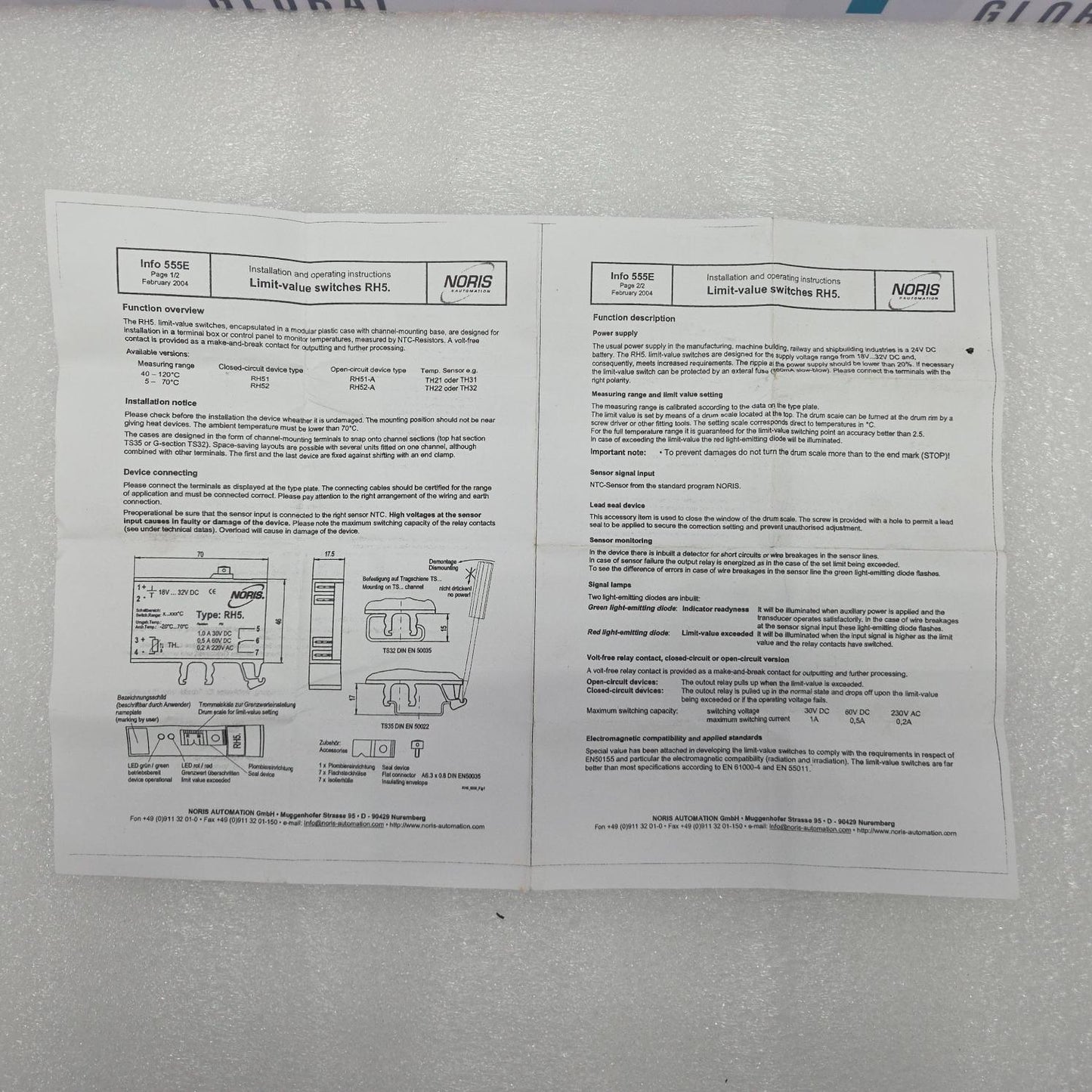 NORIS RH51 LIMIT VALUE SWITCH B08237 REVISION B