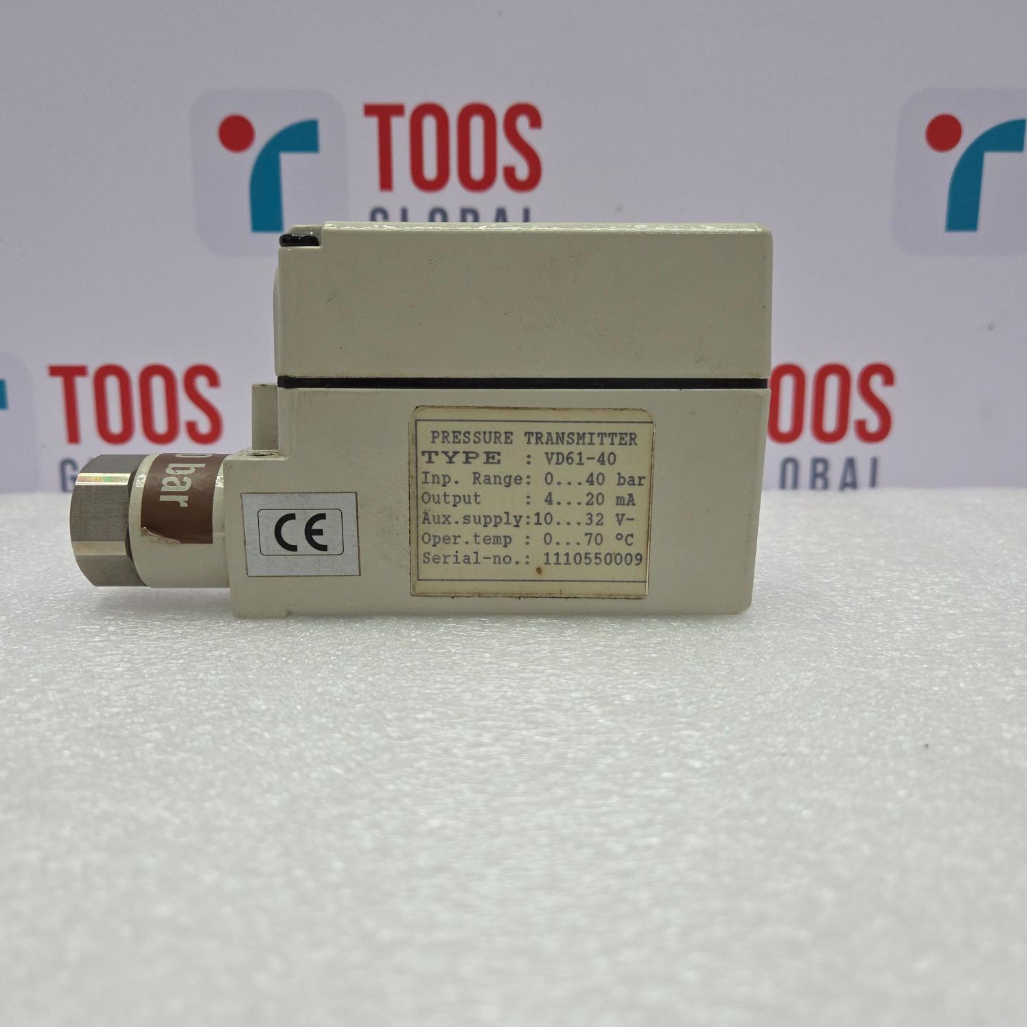 NORIS Pressure transmitter with technical specifications on a white background with 'TOOS' branding.