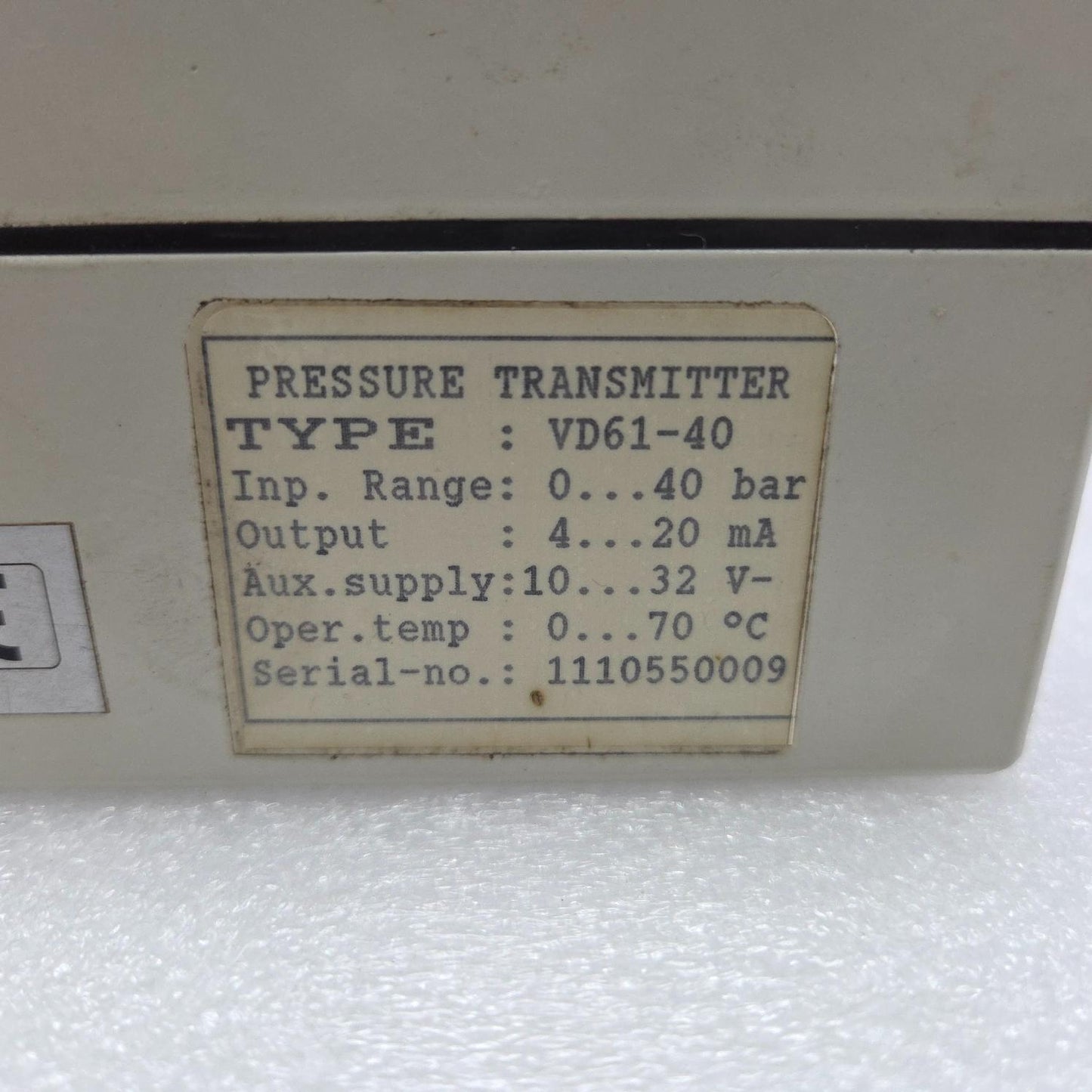 NORIS VD61-40 NORIPRESS PRESSURE TRANSMITTER 0...40bar Pmax= 40bar