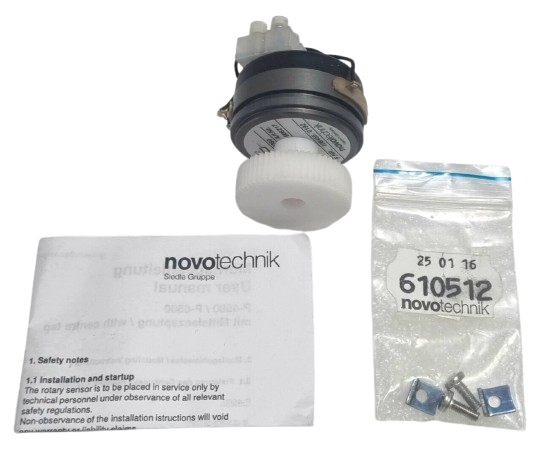 Novotechnik P-4519-s0060 Potentiometer with packaging and screws Kit on a white background