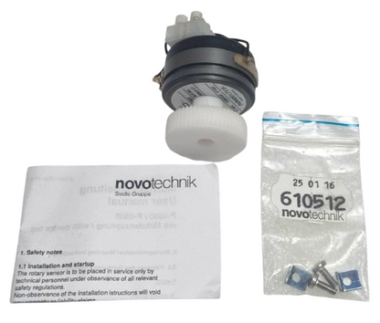 Novotechnik P-4519-s0060 Potentiometer with packaging and screws Kit on a white background