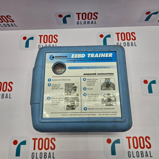 OCENCO M-20.2T EEBD TRAINER BREATHING DEVICE Blue EEBD trainer case with operating instructions against a branded background.