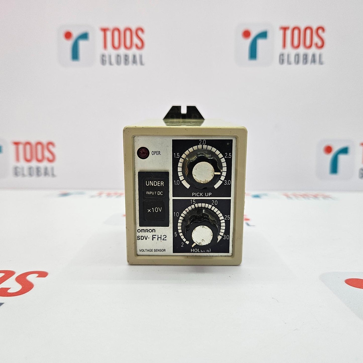OMRON SDV-FH2 VOLTAGE SENSOR Vintage electronic device with dials on a white background with 'TOOS GLOBAL' branding.