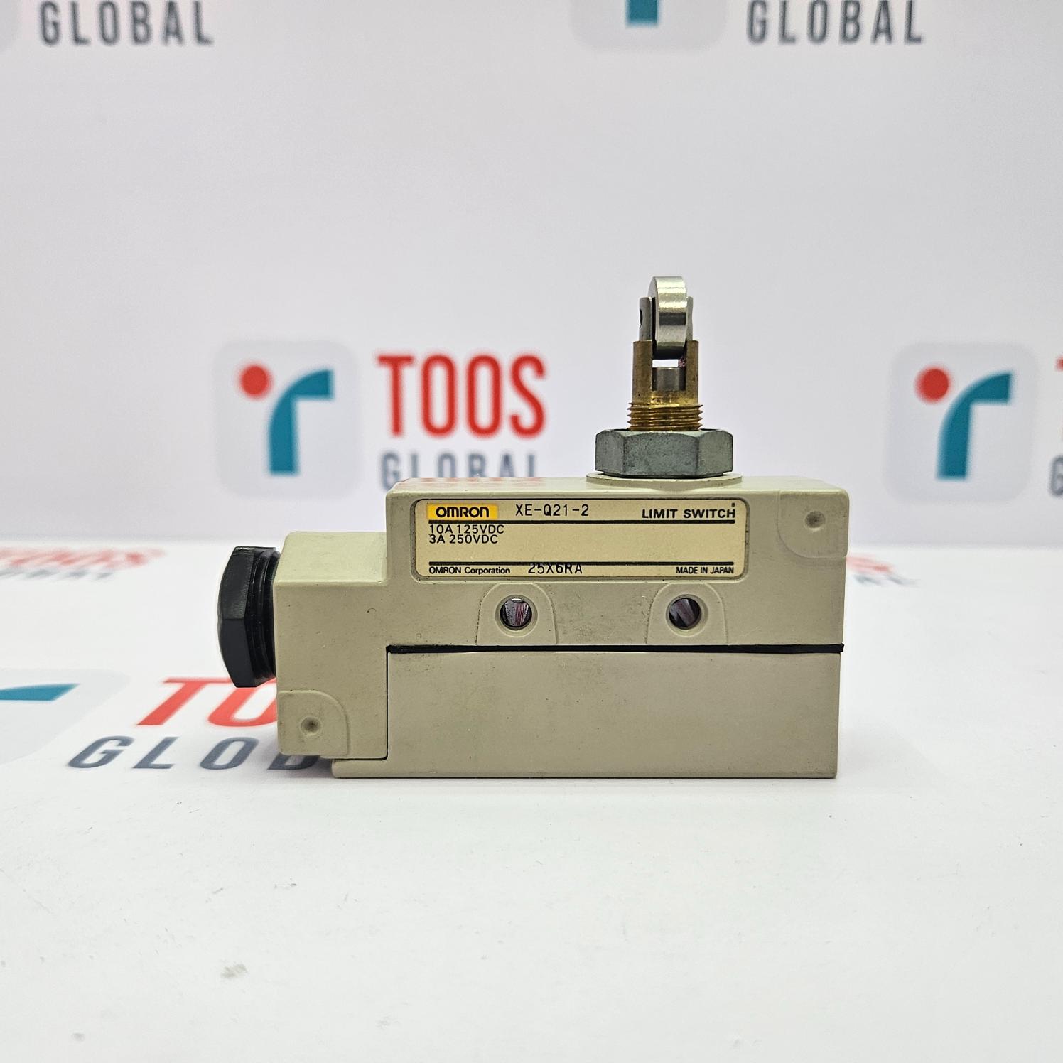 OMRON XE-Q21-2 LIMIT SWITCH 25X6RA Omron limit switch on a white background with 'Toos Global' branding.