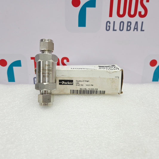 PARKER 6A-C6L-10-SS-GR CHECK VALVE and packaging with a visible brand logo in the background