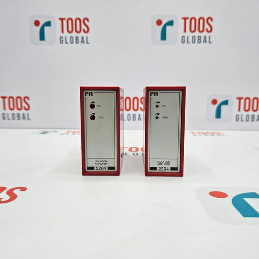 PR ELECTRONICS 2204 ISOLATION AMPLIFIER Two PR Electronics 2204 Isolation Amplifiers placed on a surface with the brand logo 'TOOS GLOBAL' in the background.