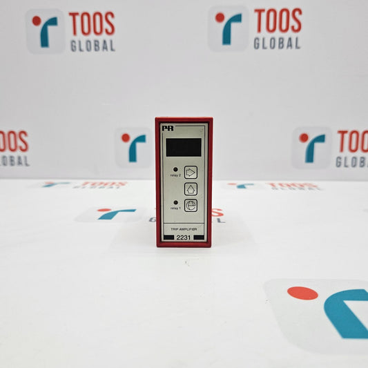 PR ELECTRONICS 2231 TRIP AMPLIFIER placed on a table with TOOS GLOBAL branding in the background.