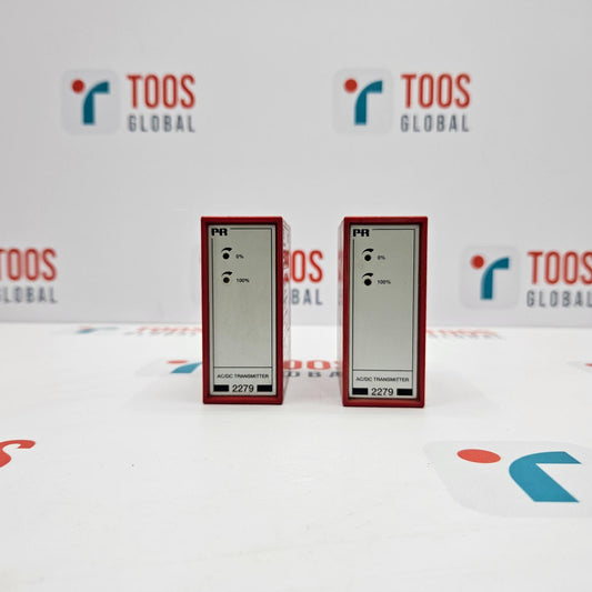 Two PR Electronics 2279D AC/DC Transmitters displayed against a branded backdrop, with the company logo visible.