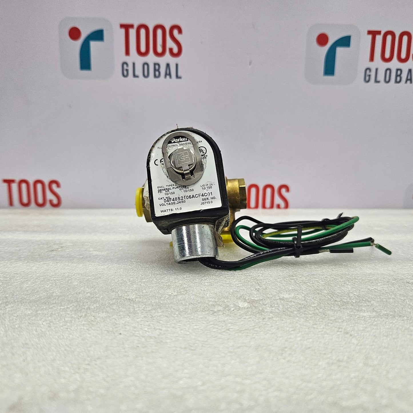 Parker 04F48S2106ACF4C01, 4-Way Solenoid Valve 24 V, 1/4 NPT, 10-150 Psi with wiring on a white background featuring 'TOOS Global' branding.