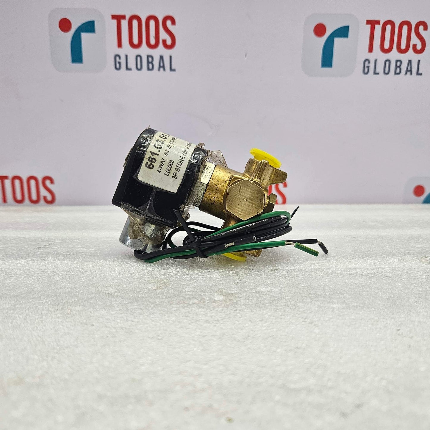 Parker 04F48S2106ACF4C01, 4-Way Solenoid Valve 24 V, 1/4 NPT, 10-150 Psi with wiring on a white background featuring 'TOOS Global' branding.