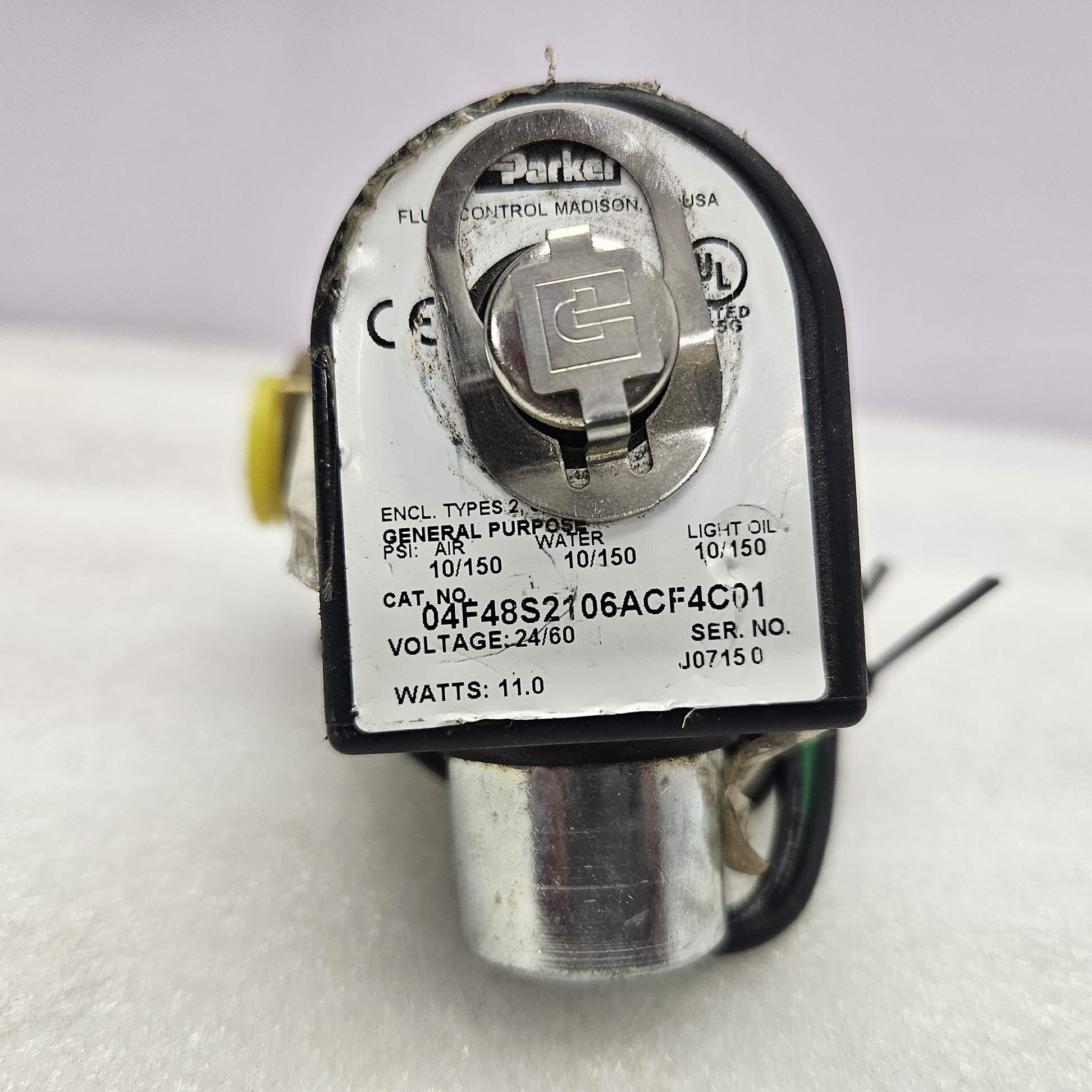 Parker 04F48S2106ACF4C01, 4-Way Solenoid Valve 24 V, 1/4 NPT, 10-150 Psi with wiring on a white background featuring 'TOOS Global' branding.