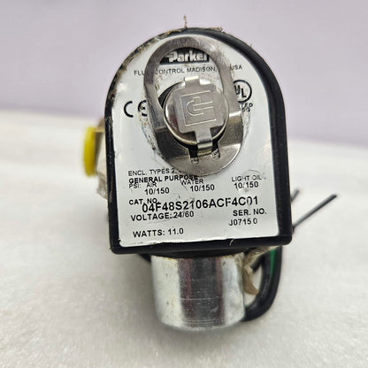 Parker 04F48S2106ACF4C01, 4-Way Solenoid Valve 24 V, 1/4 NPT, 10-150 Psi with wiring on a white background featuring 'TOOS Global' branding.