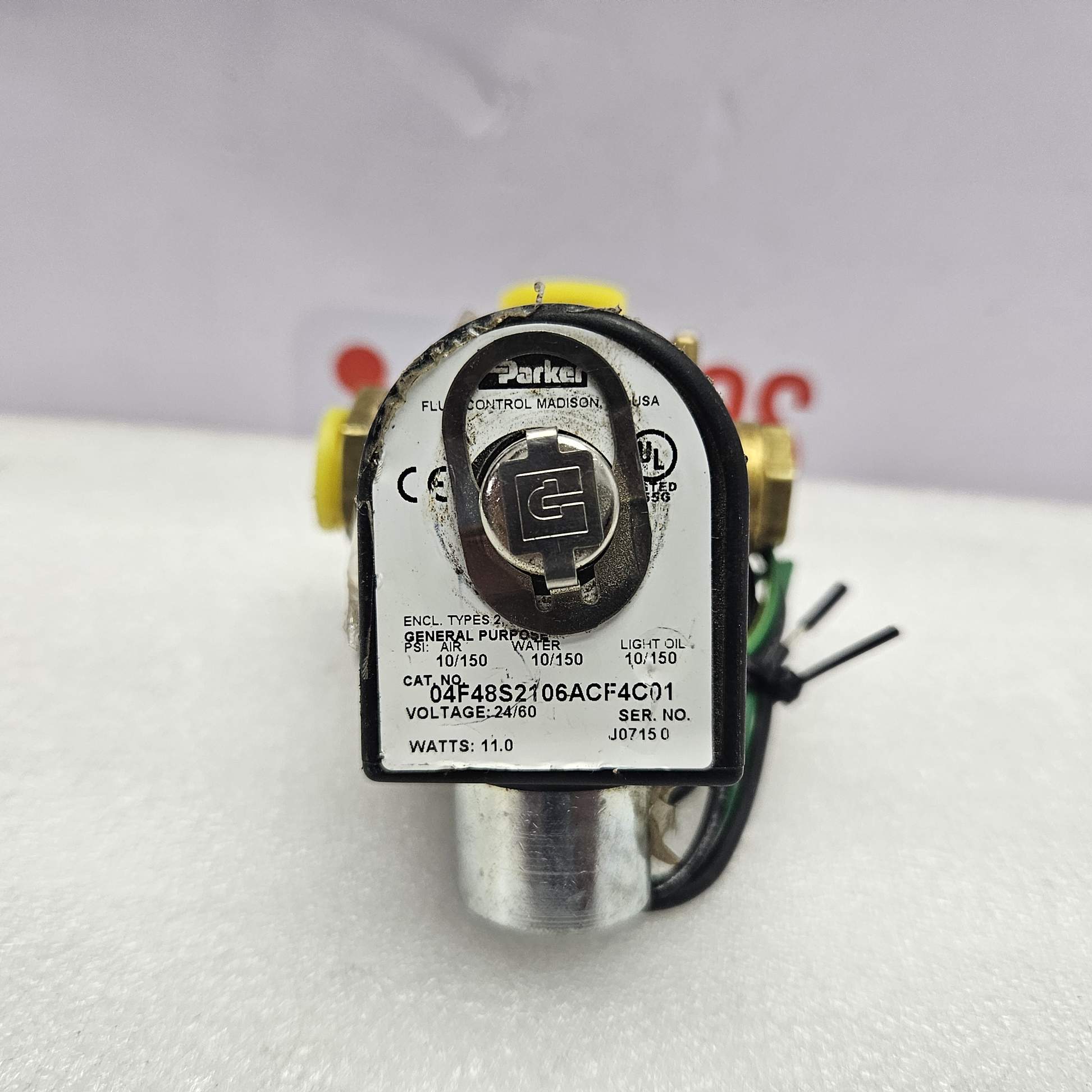 Parker 04F48S2106ACF4C01, 4-Way Solenoid Valve 24 V, 1/4 NPT, 10-150 Psi with wiring on a white background featuring 'TOOS Global' branding.